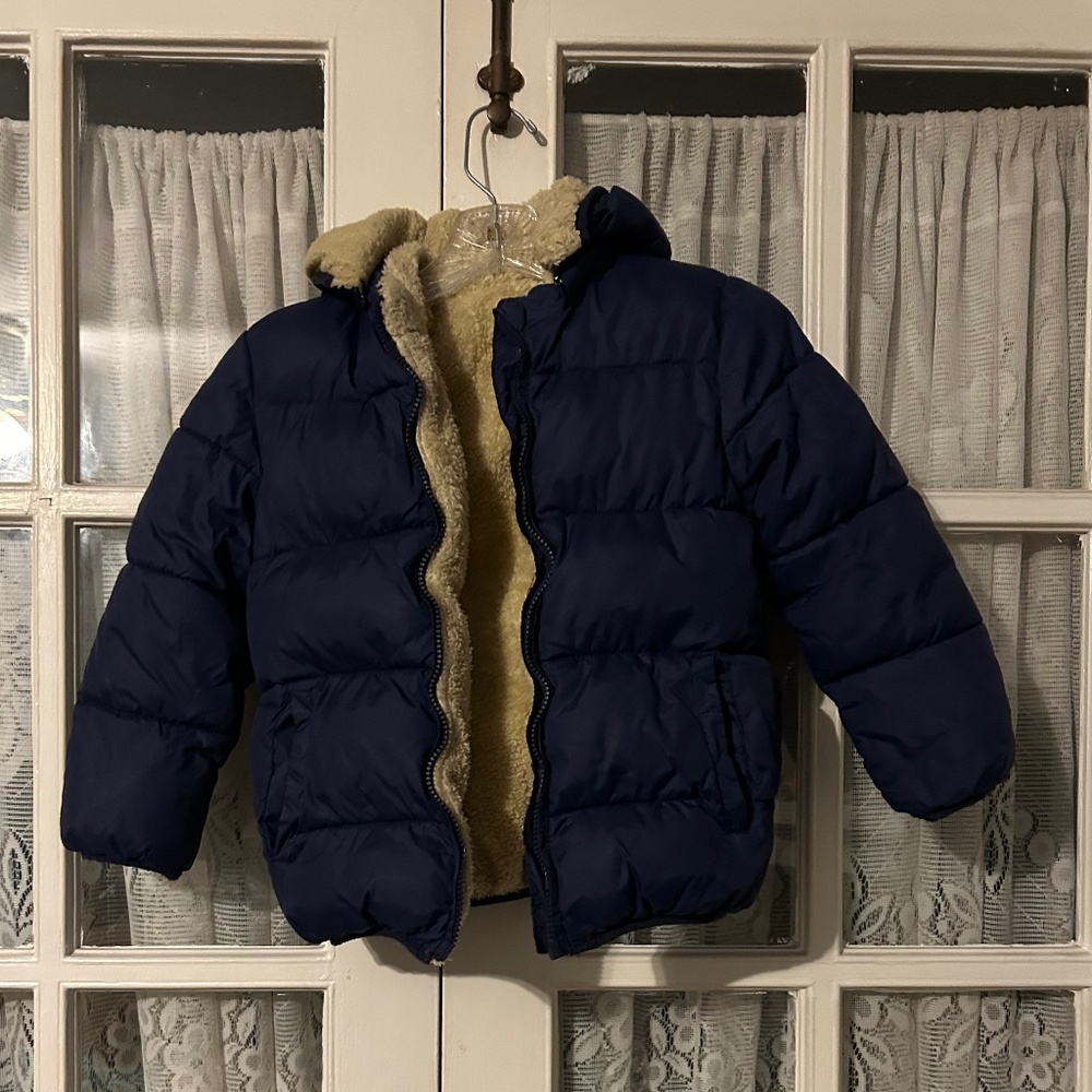 😉Bundle Days😉 Kids Boys Blue Coat Beige Plush Fluffy Inside Soft Zipper Hood